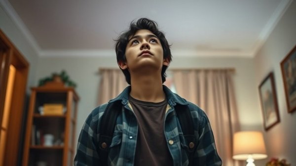 Playful young adult indoors with casual expression, soft lighting.