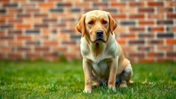 Concerned dog squatting on grass near brick wall.