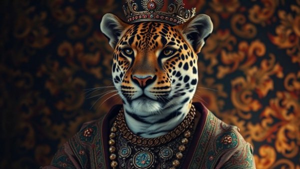 Anthropomorphic leopard in regal attire, thoughtful pose.