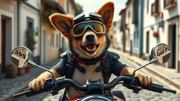 Adventure with dog on motorcycle through quaint street.