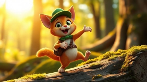 Joyful cartoon guigna cat dancing in forest, wearing hat and satchel.