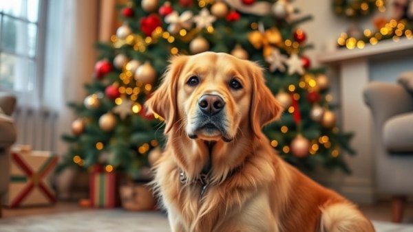 Golden retriever in front of Christmas tree, travel with dog.