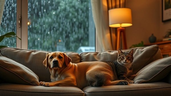 Calm pets indoors during storm ensuring pet safety.