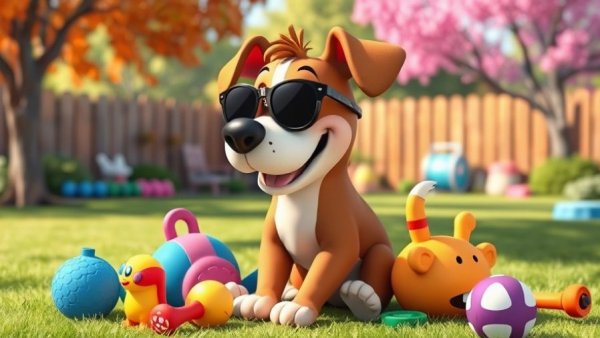 Funny Dog Stuff: Playful cartoon dog with sunglasses in a vibrant backyard.