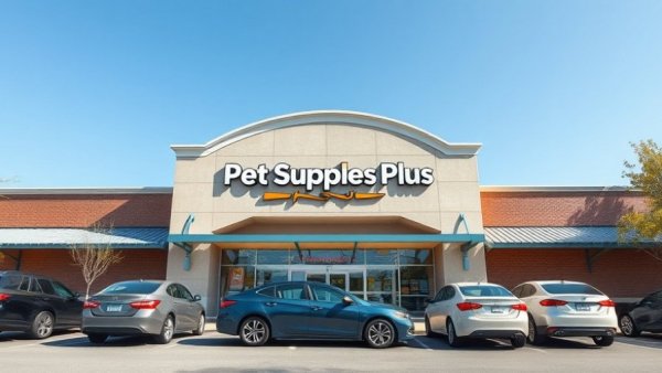 Pet Supplies Plus store entrance with parked cars under a clear sky.