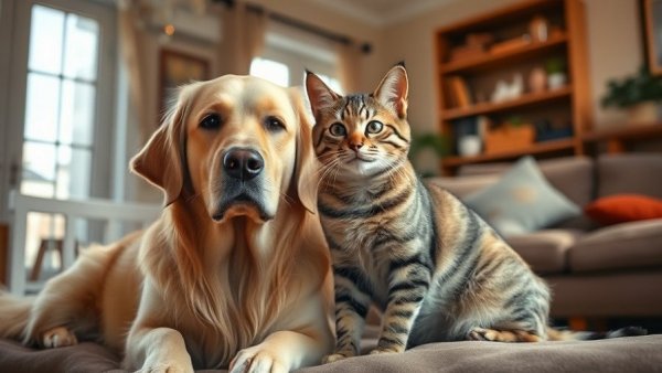 Golden retriever with cat in a sunlit room - best dog breeds for cats.
