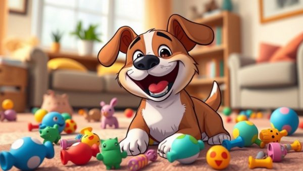 Funny cartoon dog playing with toys indoors, funny dog stuff.