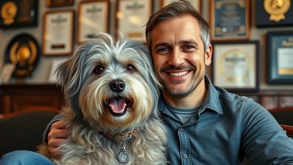 Man and shaggy dog in a cozy room with awards, showcasing a warm bond.