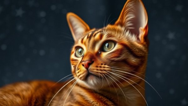 Brown Abyssinian cat gazing up against a starry sky.
