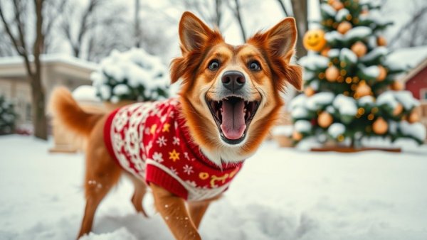 Funny Dog Stuff: Playful dog in festive sweater in snowy garden.