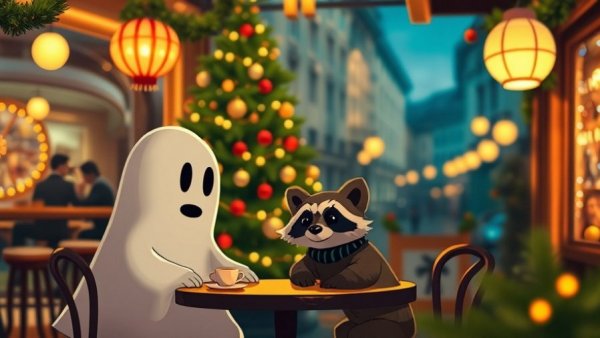 Cozy festive scene with cartoon characters and holiday bokeh lights.