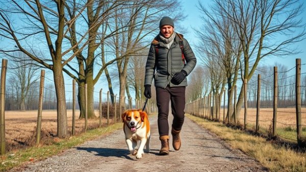 Man walks dog on nature path, enjoying clear winter day.