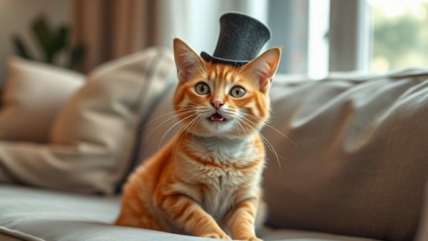 Funny pet stuff: tabby cat with a tiny top hat.