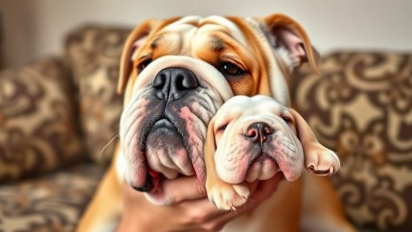 Large bulldog looking amusingly at a puppy, funny dog stuff indoors.