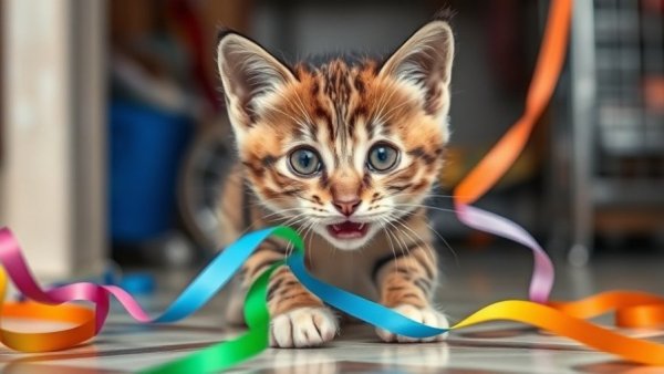 Playful tabby kitten at shelter playing with ribbons, highlighting shelter pets adoption.