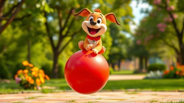 Playful cartoon dog on red ball in a park, Funny Dog Stuff.