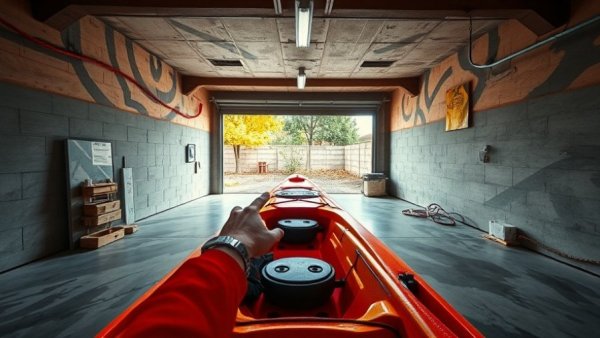 Vibrant kayak in a garage, hand pointing, detailed view.