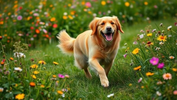 Golden retriever running in meadow, nature and dogs explored.