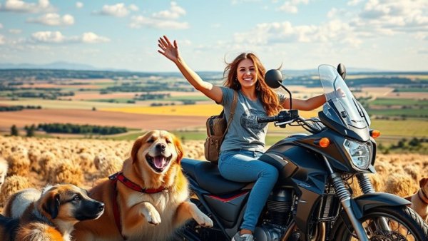 Woman traveling with dogs on a motorcycle in wide open landscapes.
