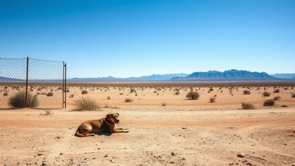 Sunny desert scene with 'Josephine and her pups' near a fence.