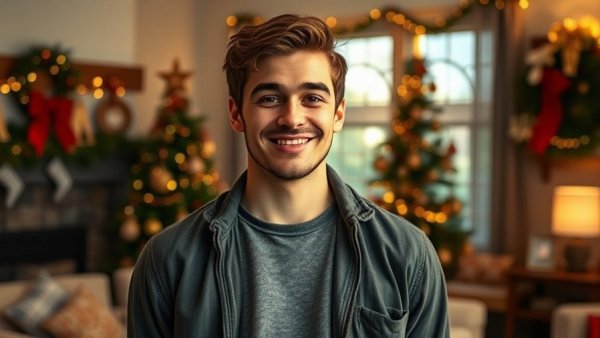 Humorous young man indoors with holiday decor, travel with dog.