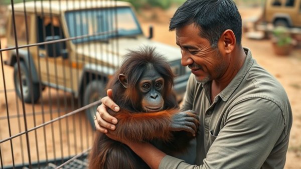 Compassionate man assisting caged baby orangutan, support baby orangutans.