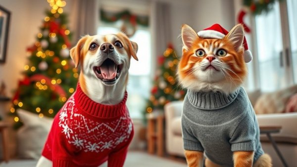Funny pet stuff with dog and cat in holiday sweaters.
