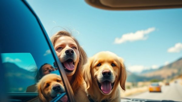 Woman traveling with dog enjoys scenic road trip.