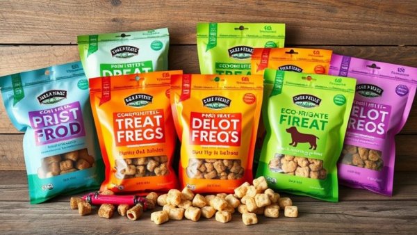 Colorful eco-friendly dog treat packages promoting sustainability.