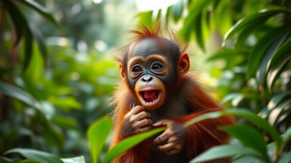 Baby orangutan rescue illustration in a rainforest setting.