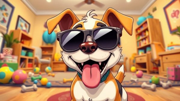 Funny Dog Stuff: cartoon dog with sunglasses and toys.