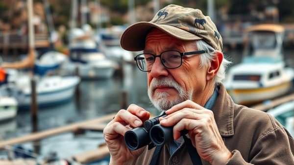 Elderly man at marina holding binoculars at Chester Island Bird Sanctuary.