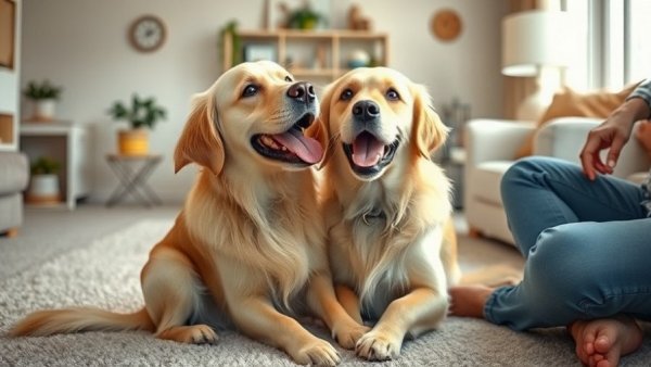 Friendly golden retriever playfully interacting indoors, travel with dog.