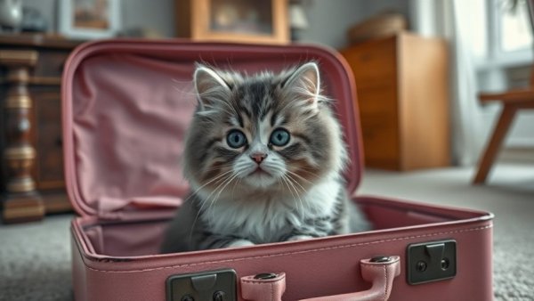 Curious cat in pink suitcase; traveling with your cat.