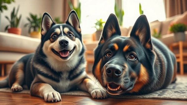 Funny animal scene with dogs and a husky mask in a living room.