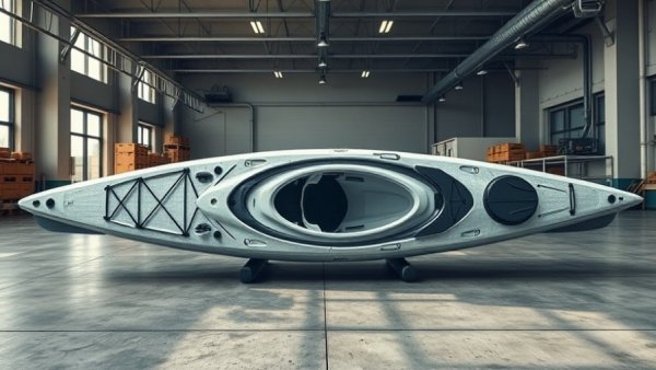 Modern kayak in showroom, ideal for travel with dog.