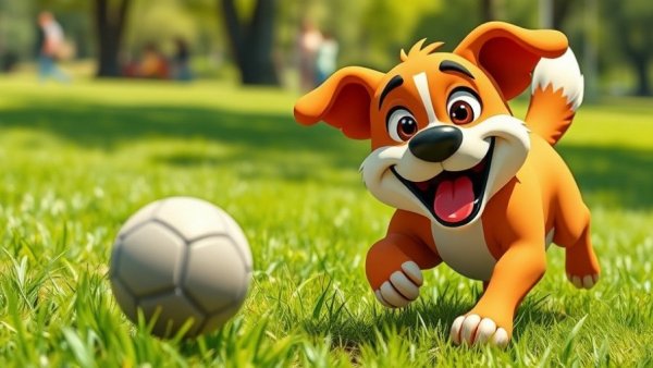 Funny Dog Stuff: Cartoon dog playfully chasing a ball in a sunny park.