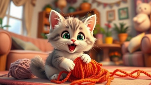 Funny Animal Moments: Cute kitten surprised by yarn, cartoon style.