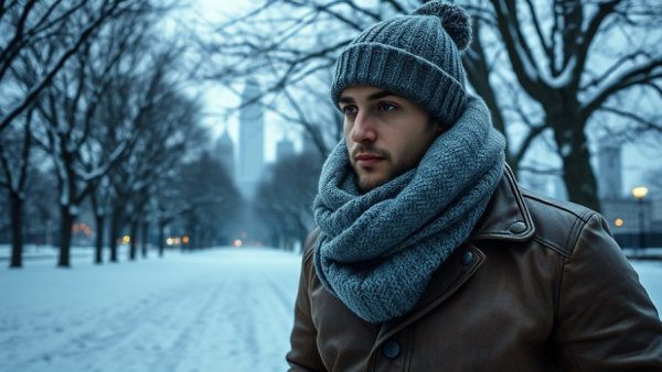Winter scene individual in park, NYC skyscrapers, travel with dog atmosphere.
