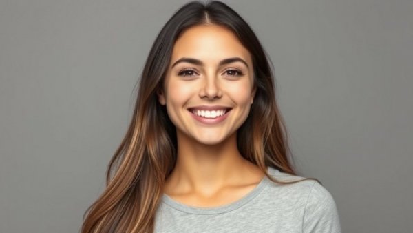 Portrait of a woman smiling softly, neutral background.