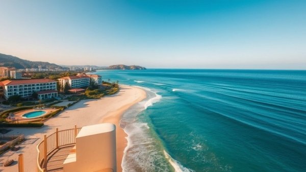 Aerial view of resort by beach, ideal for traveling with dogs.