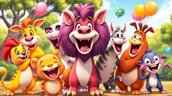 Funny animal videos illustration with vibrant cartoon animals.