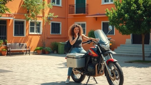 Woman preparing for travel with dog by a motorcycle.
