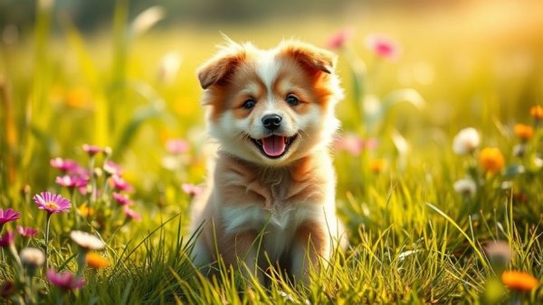 Joyful puppy in a vibrant field for Puppy Rescue Stories.