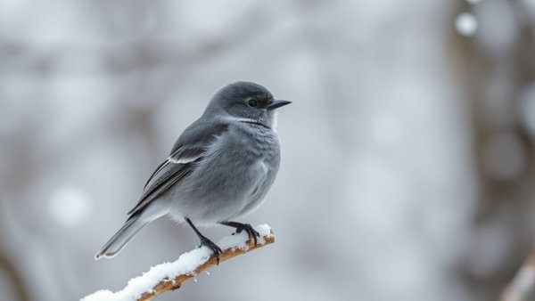 Grey bird standing on ice in a snowy winter setting.