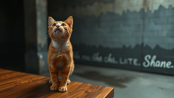 Curious ginger cat standing on wood in a dimly lit room.