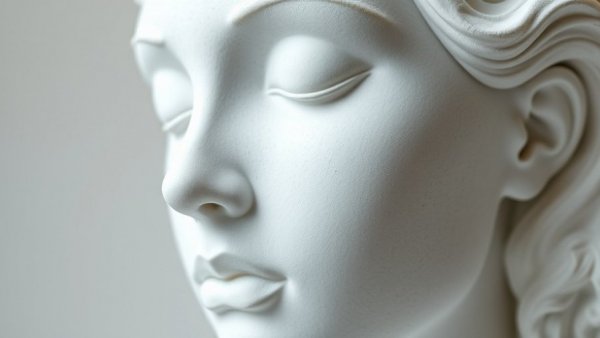 Detailed white sculpture face with closed eyes and serene expression.