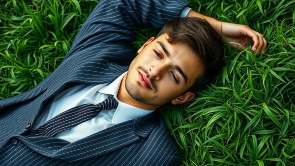 Young man relaxing on green grass with calm expression.