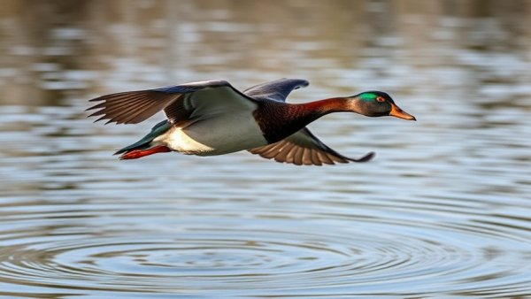 Wild Muscovy duck flying over water in a serene scene.