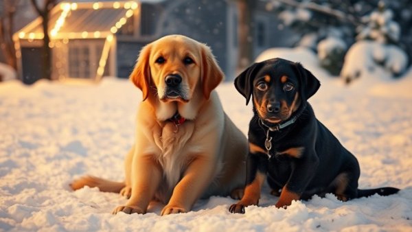Travel with dog: Golden retriever and black lab puppy in snowy Connecticut.